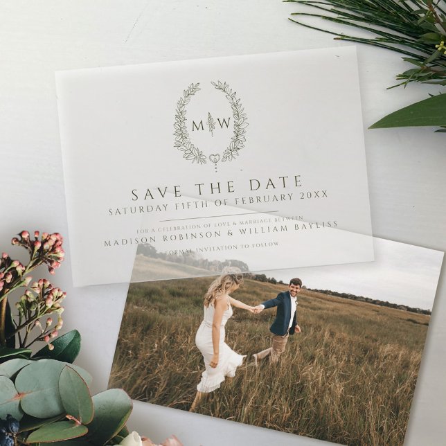 Olive green oval monogram save the date wedding vellum invitations (Creator Uploaded)