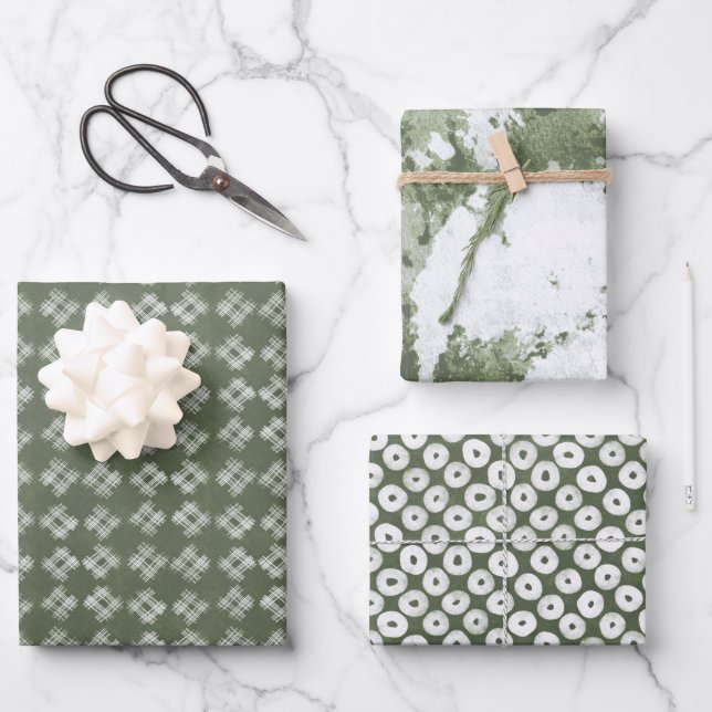 Olive Green Painterly Abstract Art & Block Prints  Wrapping Paper Sheet (Front)