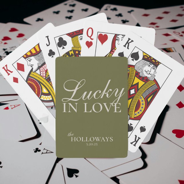 Olive Green Personalised Wedding Guest Book Playing Cards (Add a playful and memorable twist to your guest book with these “Lucky in Love” playing cards!)