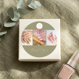 Olive Green Pink Logo Photo Nail Salon Thank You Classic Round Sticker