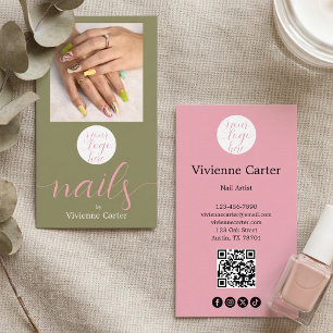 Olive Green Pink Logo QR Code Photo Nail Salon Business Card