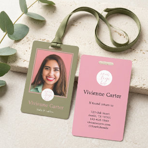 Olive Green Pink Script Logo Photo Nail Salon ID Badge
