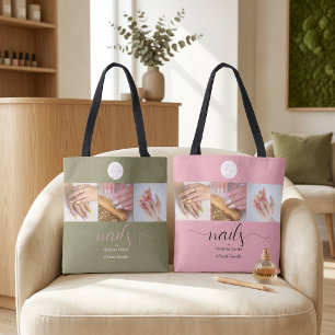 Olive Green Pink Script Logo Photo Nail Salon Tote Bag