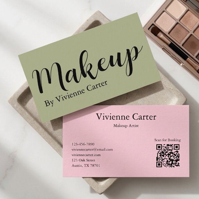 Olive Green Pink Script Makeup Salon QR Code Business Card (Olive Green Pink Script Makeup Salon QR Code Business Card)