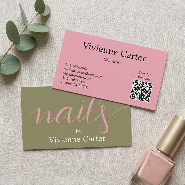Olive Green Pink Script Nail Artist Business Card (Olive Green Pink Script Nail Artist Business Card)