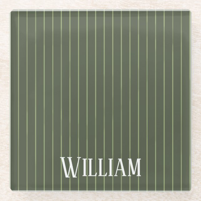 Olive green pinstripes glass coaster (Front)