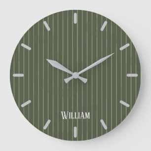 Olive green pinstripes large clock