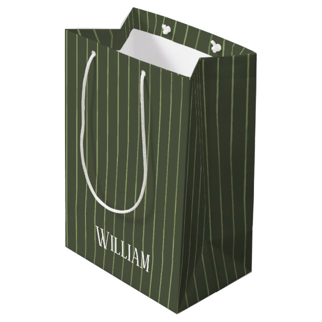Olive green pinstripes medium gift bag (Back Angled)