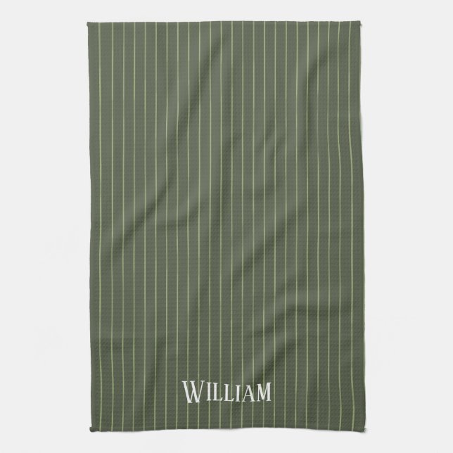 Olive green pinstripes tea towel (Vertical)