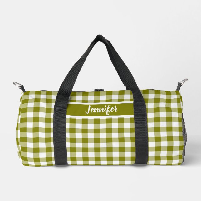 Olive Green Plaid Gingham Personalized Duffle Bag (Front)