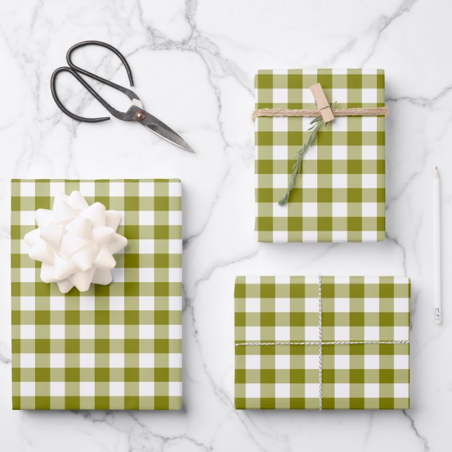 Olive Green Plaid Gingham Wrapping Paper Sheet (Front)