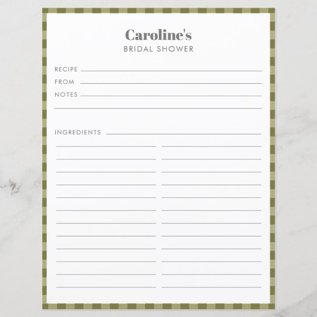 Olive Green Plaid Recipe Page Custom Bridal Shower (Front)