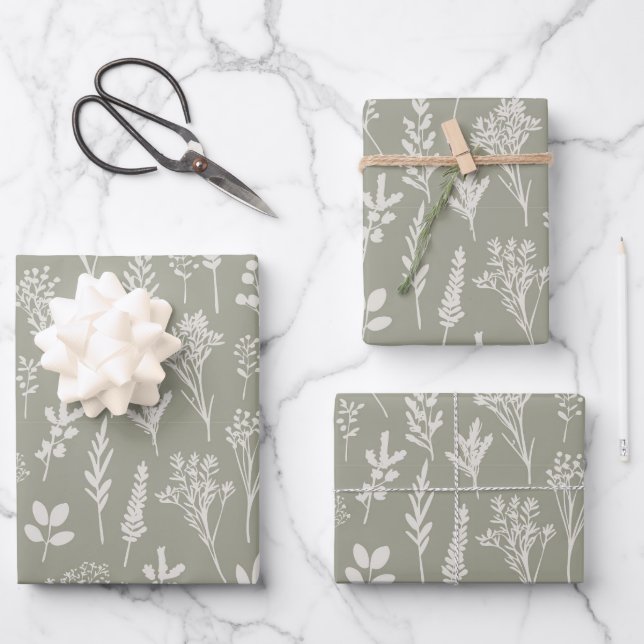 Olive Green Plants and Herbs Pattern Floral Gift Wrapping Paper Sheet (Front)