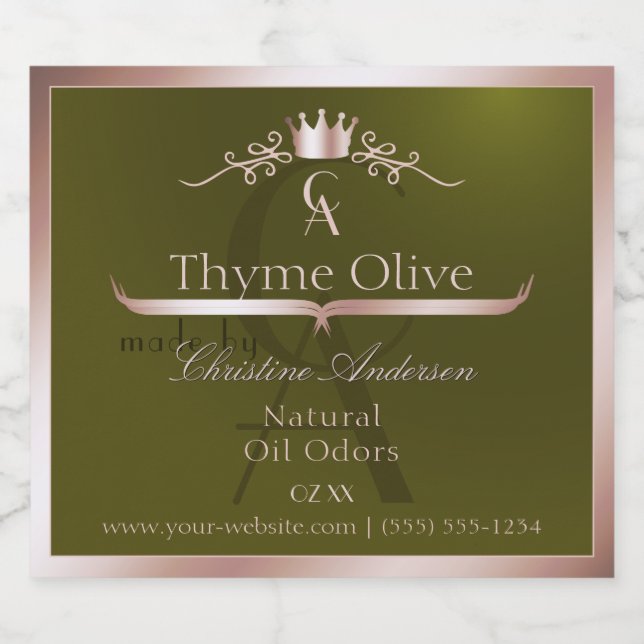 Olive Green Product Label Rose Gold Frame Monogram (Single Label)