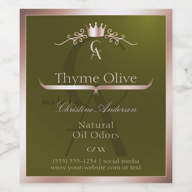Olive Green Product Label Rose Gold Frame Monogram (Single Label)