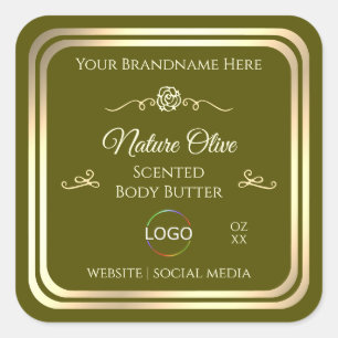 Olive Green Product Label with Gold Frame and Logo