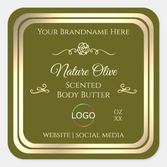 Olive Green Product Label with Gold Frame and Logo (Front)