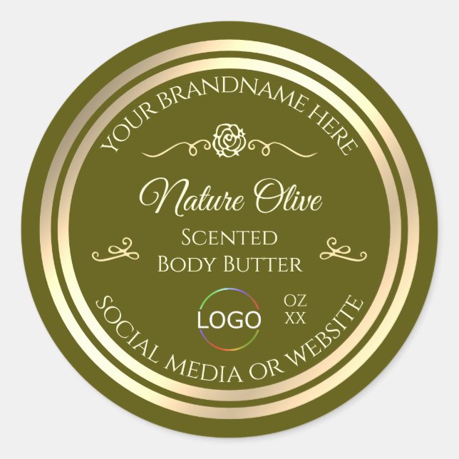 Olive Green Product Label with Gold Frame and Logo (Front)