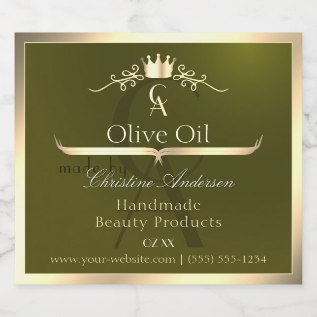 Olive Green Product Label with Gold Frame Monogram (Single Label)