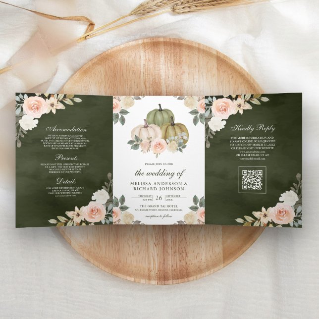 Olive Green Pumpkin Peach Floral QR Code Wedding Tri-Fold Invitation (Creator Uploaded)