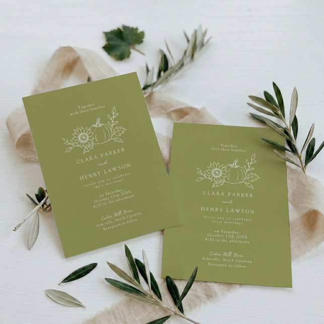 Olive Green Pumpkin Sunflower Fall Wedding Invitation (Creator Uploaded)