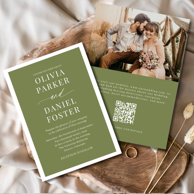Olive Green QR Code Photo Minimalist Wedding Invitation (Creator Uploaded)