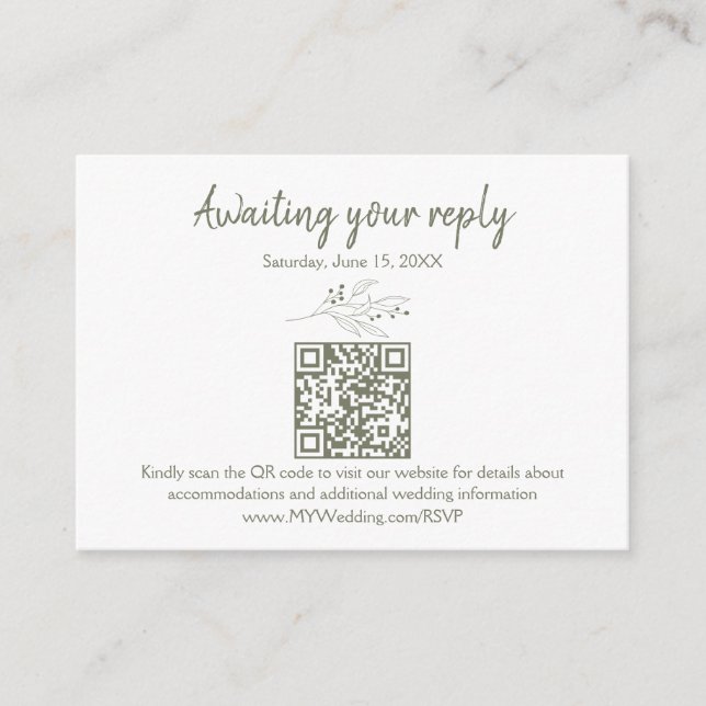 Olive Green QR Code Wedding RSVP Card (Front)