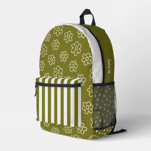 Olive Green Retro Daisy & Stripe Personalised Printed Backpack