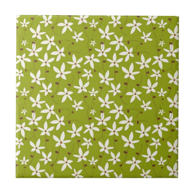 Olive Green Retro Floral Pattern Tile (Front)