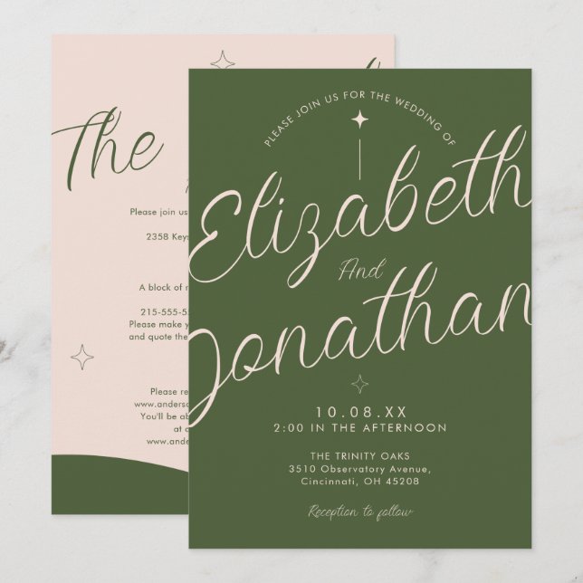 Olive Green Retro Modern Bold All In One Wedding Invitation (Front/Back)