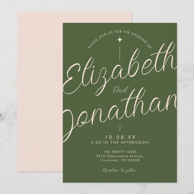 Olive Green Retro Modern Bold Script Wedding Invitation (Front/Back)