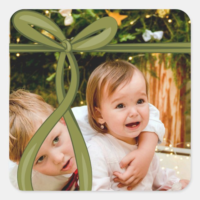 OLIVE GREEN RIBBON BOW PHOTO SQUARE STICKER (Front)
