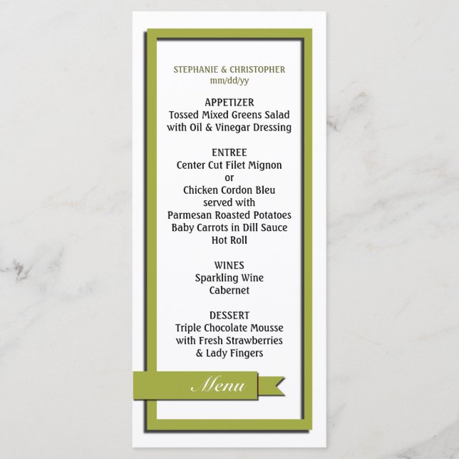 Olive Green Ribbon Wedding Menu / Program (Front)