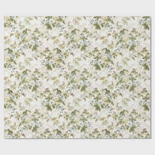 Olive Green Rose Chintz, Slate Blue Blooms Wrapping Paper