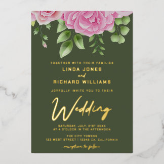 Olive Green Roses Wedding Foil Invitation