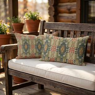 Olive Green Rust Orange Taupe Beige Tribal Art Lumbar Cushion