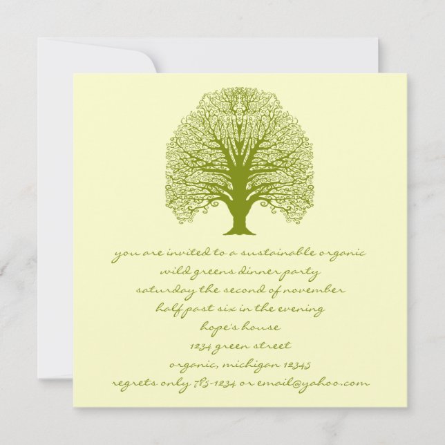 Olive Green Rustic and Whimsical Swirl Tree Invitation (Front)