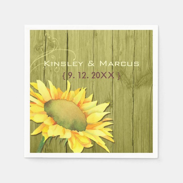 Olive Green Rustic Wood Sunflower Wedding Napkin (Front)