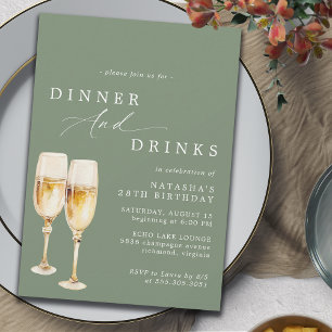 Olive Green Sage Fancy Champagne Birthday Dinner Invitation