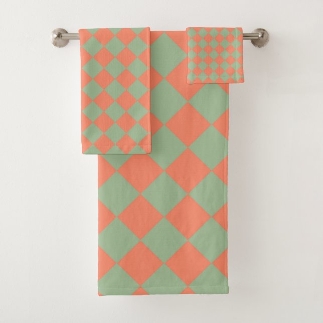 Olive Green Salmon Pink Chequered Diamond Pattern  Bath Towel Set (Insitu)