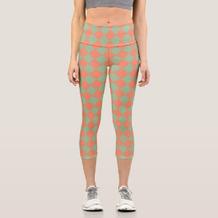 Olive Green Salmon Pink Chequered Diamond Pattern Capri Leggings