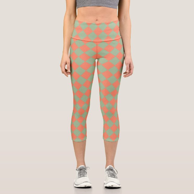 Olive Green Salmon Pink Chequered Diamond Pattern Capri Leggings (Front)