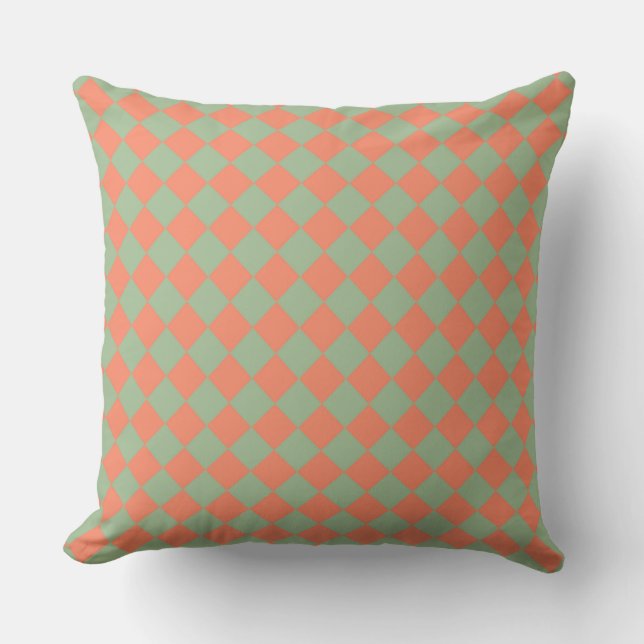 Olive Green Salmon Pink Chequered Diamond Pattern Cushion (Front)