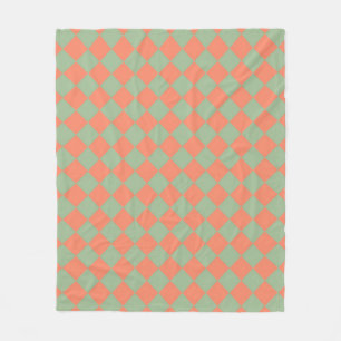 Olive Green Salmon Pink Chequered Diamond Pattern Fleece Blanket