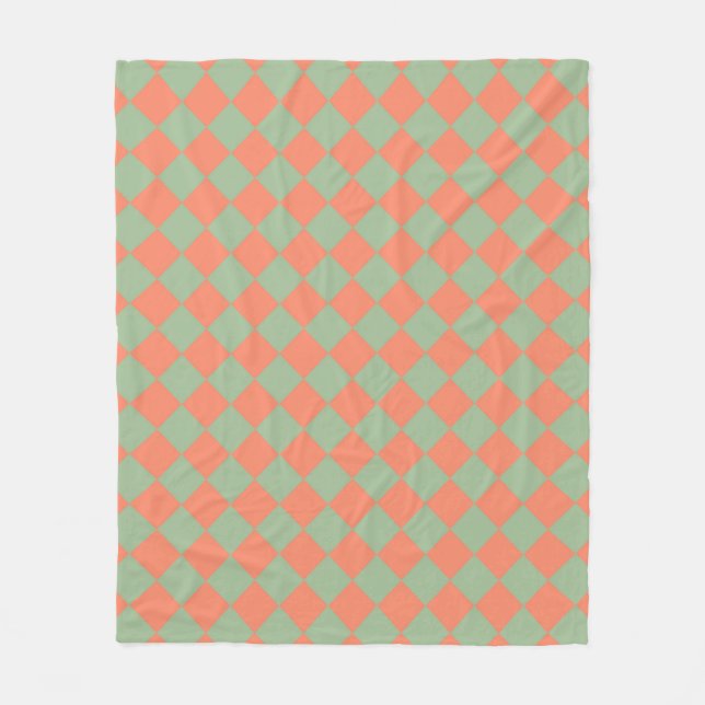 Olive Green Salmon Pink Chequered Diamond Pattern Fleece Blanket (Front)