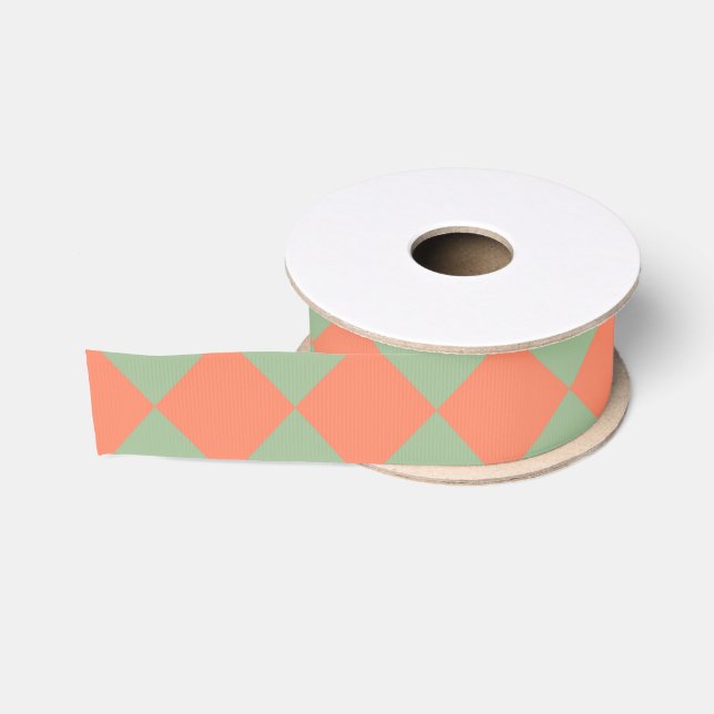 Olive Green Salmon Pink Chequered Diamond Pattern Grosgrain Ribbon (Spool)