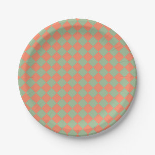 Olive Green Salmon Pink Chequered Diamond Pattern Paper Plate
