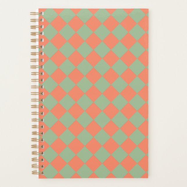 Olive Green Salmon Pink Chequered Diamond Pattern Planner (Front)