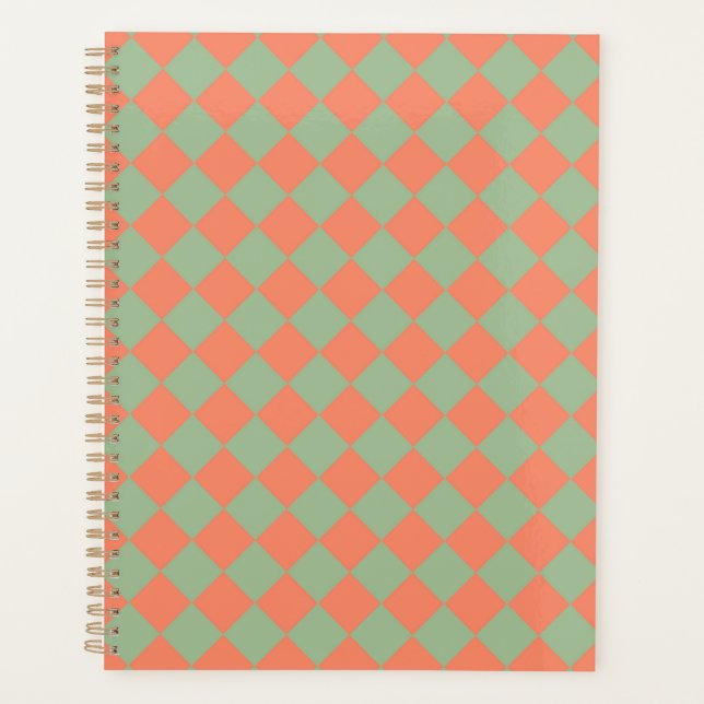 Olive Green Salmon Pink Chequered Diamond Pattern Planner (Front)