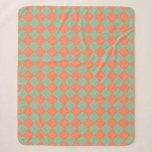 Olive Green Salmon Pink Chequered Diamond Pattern Sherpa Blanket
